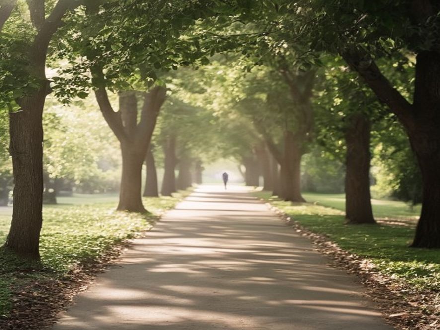Calm morning walk through a tree-lined park path