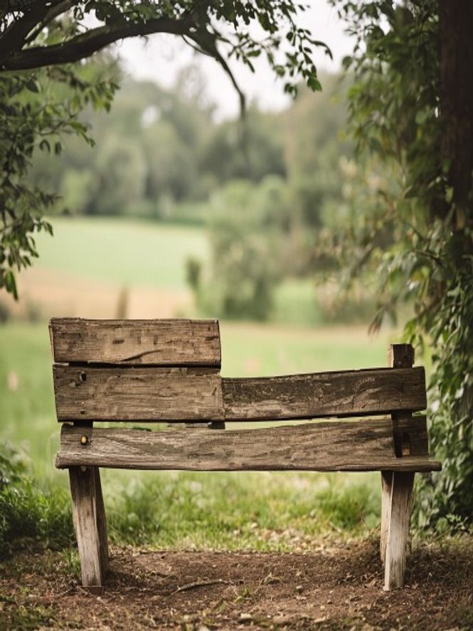 Person pausing to rest on a wooden bench by a field